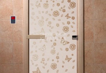 Дверь бан. DW 1900*700 кор. ольха-липа, САТИН с рис. Весна цветы (00075) 1