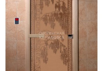 Дверь бан. DW 2000*800 кор. ольха-липа, БРОНЗА МАТОВОЕ с рис. Березка, левая (00906) 1