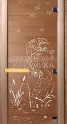 Дверь бан. DW 2000*800 кор. ольха-липа, БРОНЗА с рис. Камышовый рай, (00046) 1